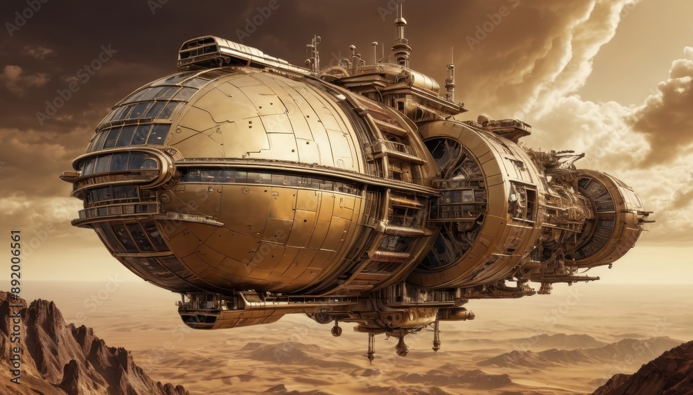 Futuristic Spaceship Flying Over Desert Planet. Futuristic Spaceship Flying Over Desert Planet.
