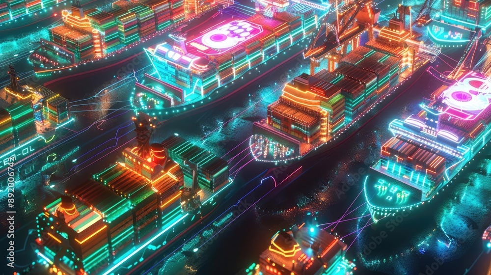 Obraz premium Interconnected container ships with digital holograms, cyberpunk, vibrant neon, detailed 3D art, modern maritime network