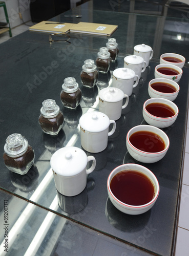 Detailed photo of tea drops tasted by a tea taster