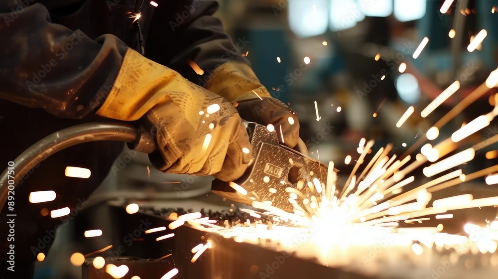 Worker grinding metal with precision, close-up, sparks flying, [metal grinding], [industrial craftsmanship]