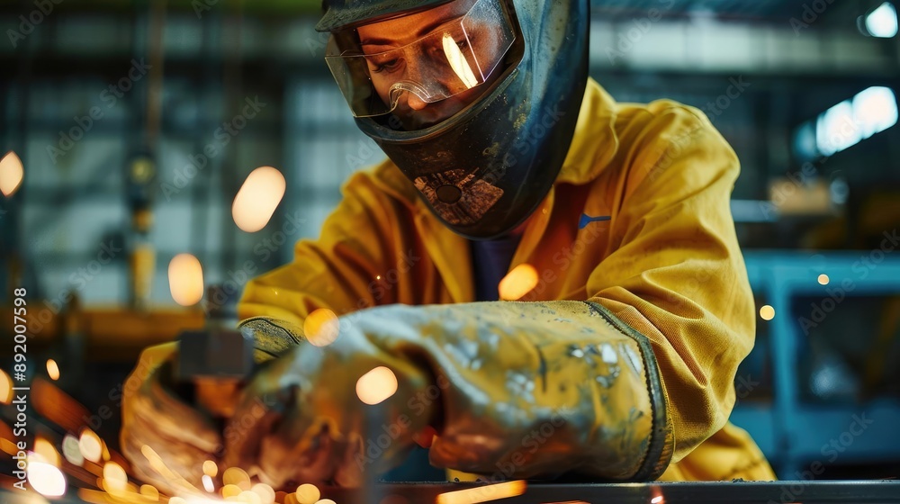 Worker with protective gear grinding steel, close-up, safety in metalworking Worker with protective gear grinding steel, close-up, safety in metalworking