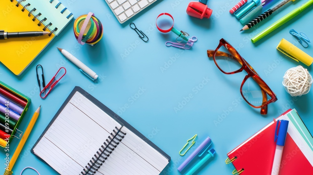 School supplies on open notebook against blue background in top view Study desk flat lay Back to school concept