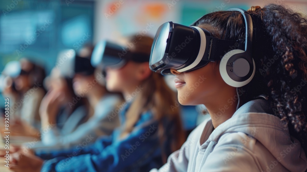 School student engaged with VR and AI technology, experiencing interactive lessons in a modern classroom setting School student engaged with VR and AI technology, experiencing interactive lessons in a modern classroom setting