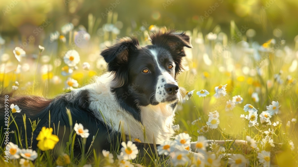 Border Collie resting in a meadow in the spring Border Collie resting in a meadow in the spring