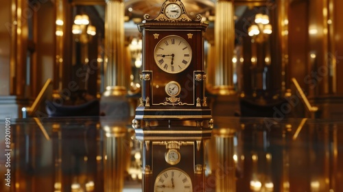 Grandfather clock reflected on a polished table, stately and timeless background