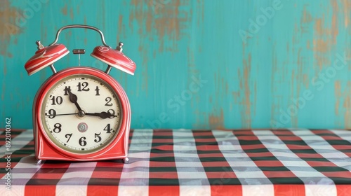 Retro clock on a checkered table, diner style, vintage background photo