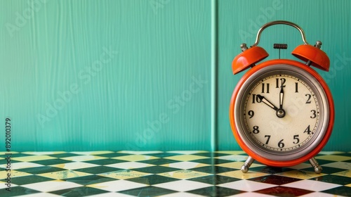 Retro clock on a checkered table, diner style, vintage background photo