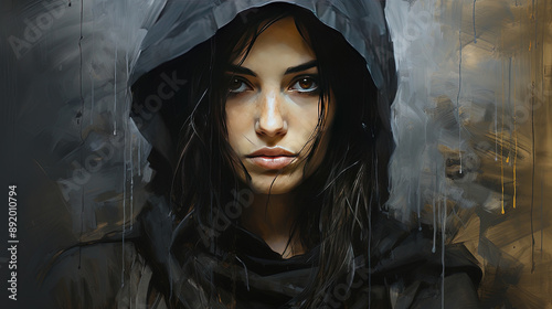 ibrant Art Oil Painting Of Gorgeous Female Portrait Face With Black Hoody
