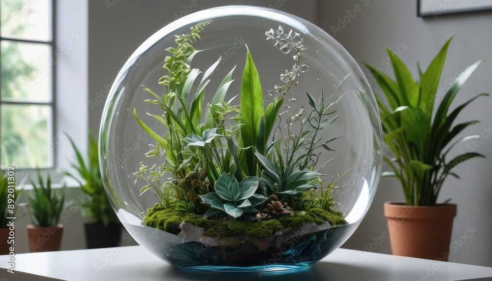 Terrarium with green plants in a glass egg. Terrarium with green plants in a glass egg.