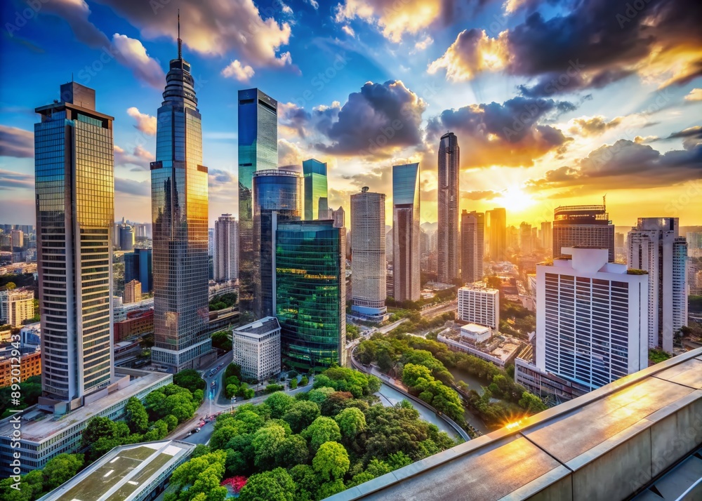 Fototapeta premium Panoramic cityscape from rooftop vantage point, showcasing modern skyscrapers, busy streets, and vibrant urban landscape, symbolizing economic growth, strategic capital investment.