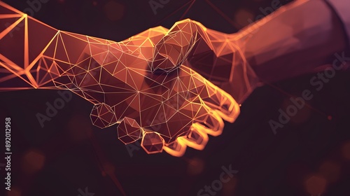 Vector isolated brotherly handshake. Low poly wireframe and points. Polygonal 3D white agreement concept on dark background. Business concept with geometry triangle. Abstract deal mash line origami. 