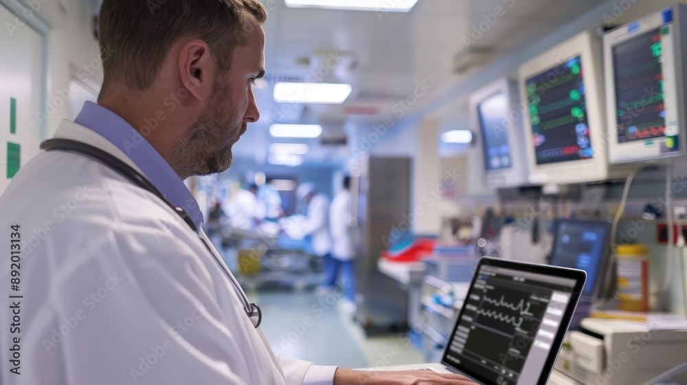 Doctor utilizing laptop in hospital, medical tech integration, healthcare innovations, rear perspective Doctor utilizing laptop in hospital, medical tech integration, healthcare innovations, rear perspective