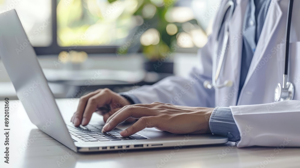 Doctor working on patient data on laptop, innovative healthcare technology, medical advancements, rear view Doctor working on patient data on laptop, innovative healthcare technology, medical advancements, rear view