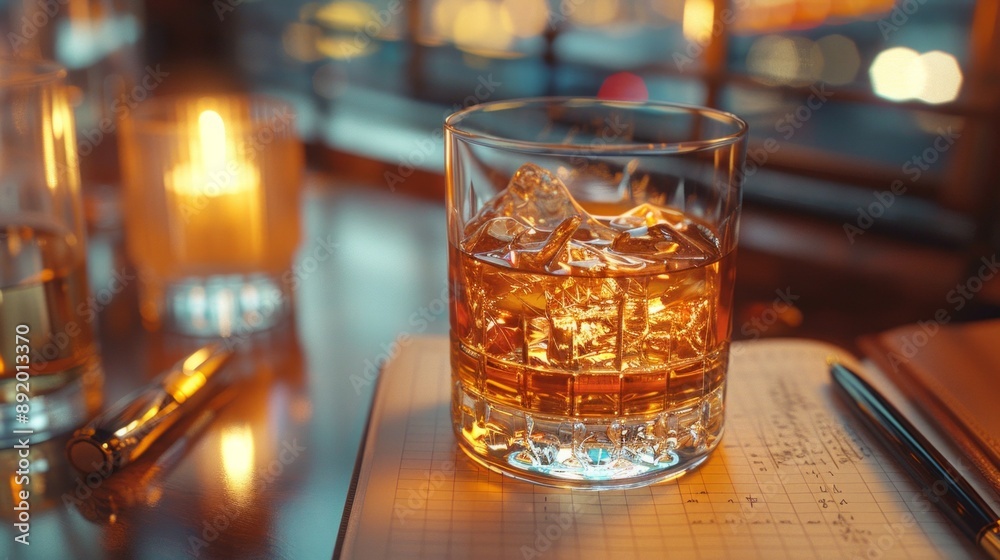 Whiskey glass of whiskey gleamed in the sun lights from window are on the old wooden table. Blurred interior of pub at the background. Whiskey glass of whiskey gleamed in the sun lights from window are on the old wooden table. Blurred interior of pub at the background.