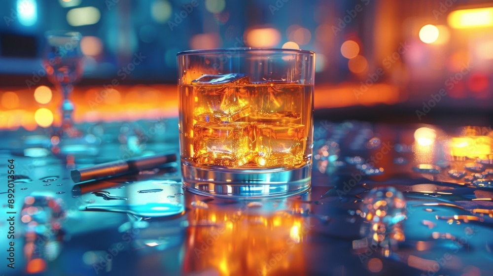 Whiskey glass of whiskey gleamed in the sun lights from window are on the old wooden table. Blurred interior of pub at the background. Whiskey glass of whiskey gleamed in the sun lights from window are on the old wooden table. Blurred interior of pub at the background.