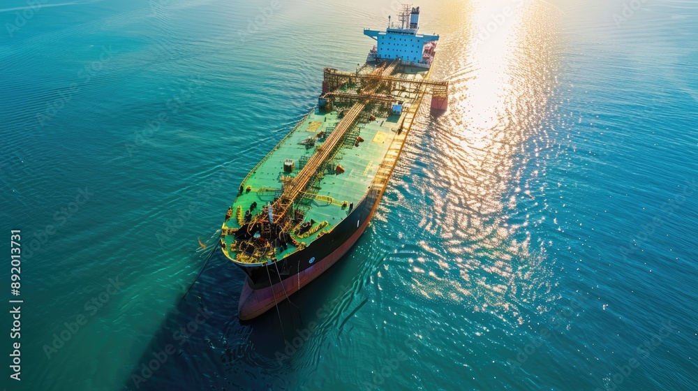 Oil tanker cruising through a vast ocean, top view, clear blue waters, bright sunlight, distant shipping port, minimalistic composition Oil tanker cruising through a vast ocean, top view, clear blue waters, bright sunlight, distant shipping port, minimalistic composition