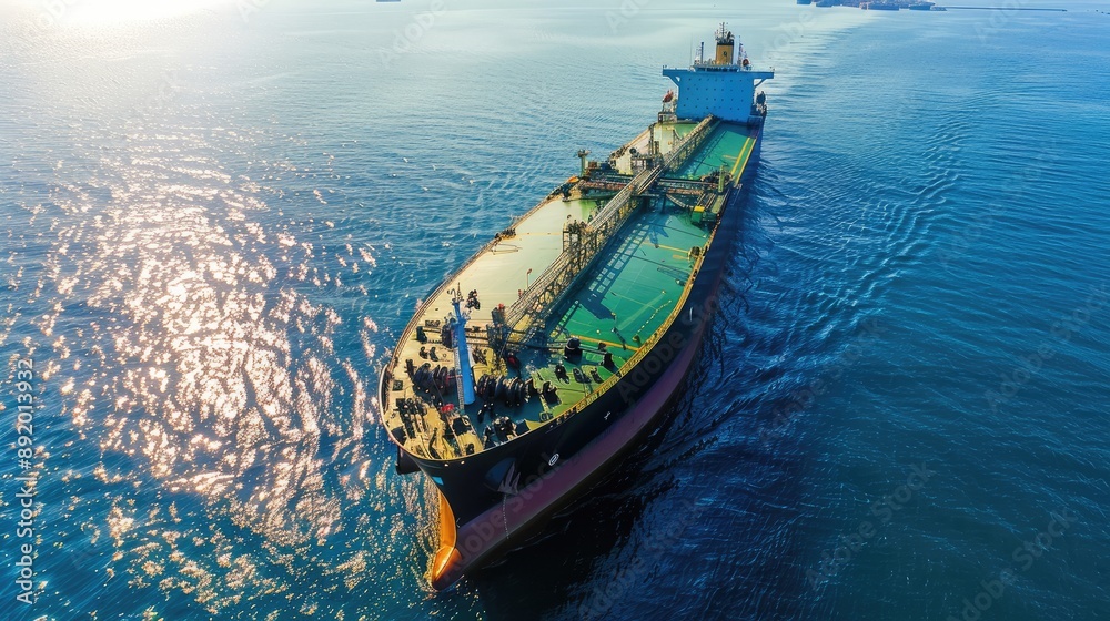 Oil tanker in deep blue ocean, top view, expansive sea, clear weather, minimalistic design, shipping port in the distance Oil tanker in deep blue ocean, top view, expansive sea, clear weather, minimalistic design, shipping port in the distance