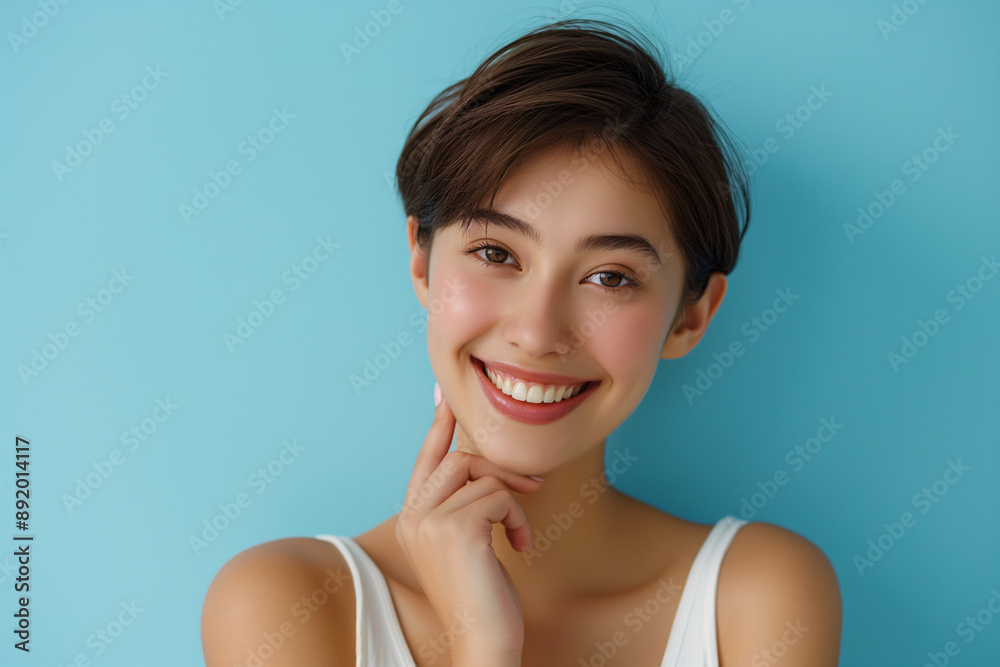 Smiling Young Woman with Short Hair Touching Cheek Against Light Blue Background Smiling Young Woman with Short Hair Touching Cheek Against Light Blue Background