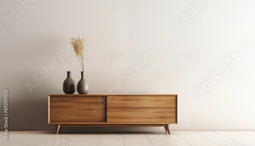 Wooden Cabinet with Vases and Dried Flowers in Minimalist Interior