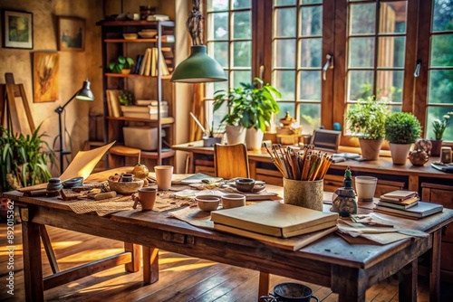 Disorganized wooden table littered with miscellaneous objects including papers, pens, books, vases, and various knick-knacks in a warm, inviting, and chaotic atmosphere.