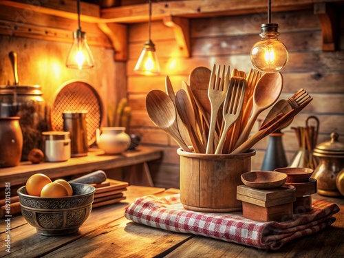 Warmly lit kitchen filled with vintage utensils, wooden spoons, and worn recipe books, evoking a sense of family tradition and joyful culinary heritage. photo