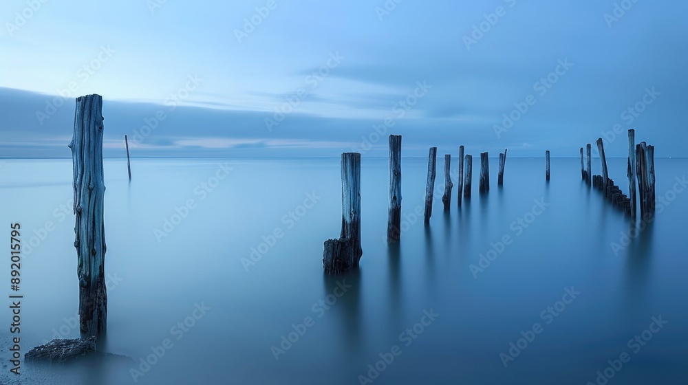 Naklejka premium Old wooden poles in water seascape