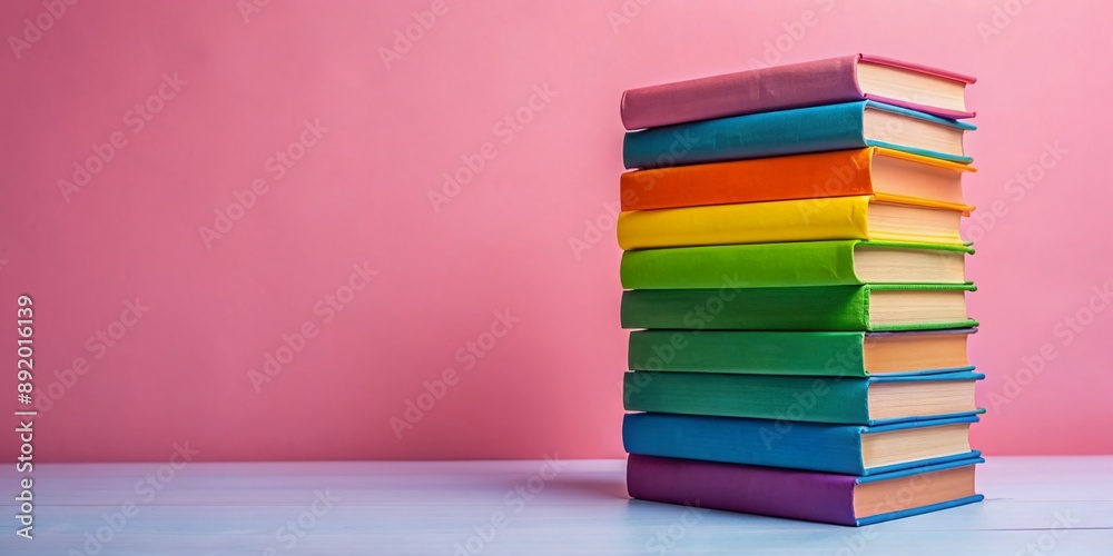 Vibrant stack of books in various colors and sizes against a soft pink background, symbolizing diversity, inclusivity, and pride in the LGBTQ+ community. Vibrant stack of books in various colors and sizes against a soft pink background, symbolizing diversity, inclusivity, and pride in the LGBTQ+ community.