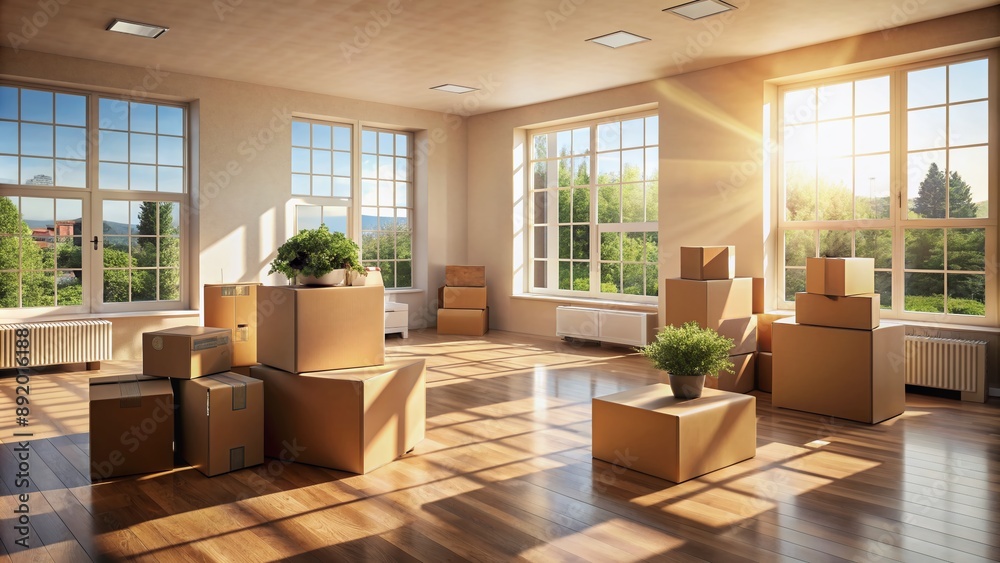 Empty rooms await familiar touches as cardboard boxes and furniture fill the space, sunlight streaming through windows of a newly acquired residence. Empty rooms await familiar touches as cardboard boxes and furniture fill the space, sunlight streaming through windows of a newly acquired residence.
