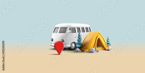 Minibus, tent, nature, navigation icon, 3D. For the concepts of car travel and outdoor recreation in the mountains near lakes and the sea. Camping. Vector