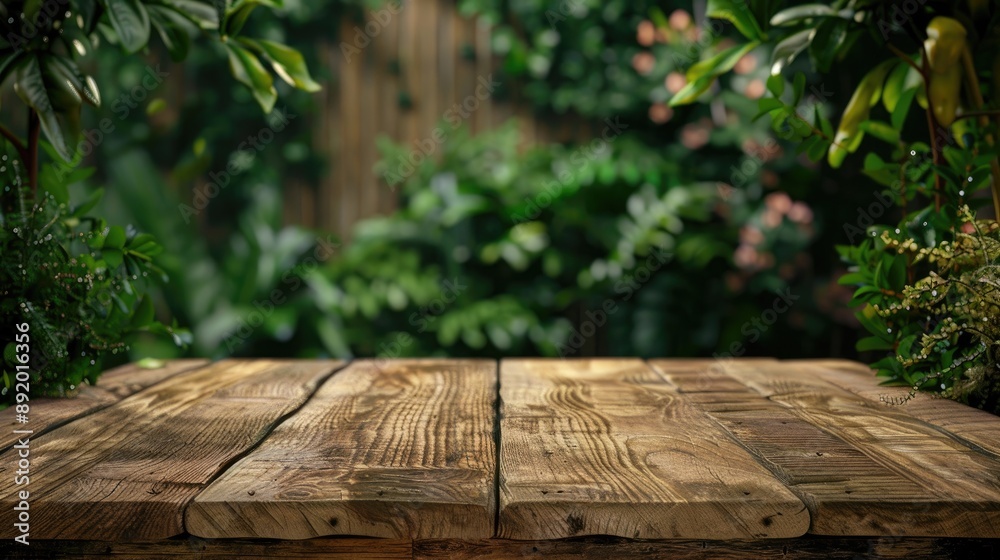 Wooden table with plants background for product display Wooden table with plants background for product display