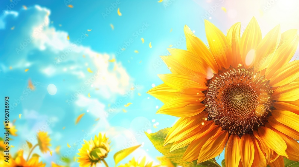 Bright Sunflower with Blue Sky and Space for Inscription