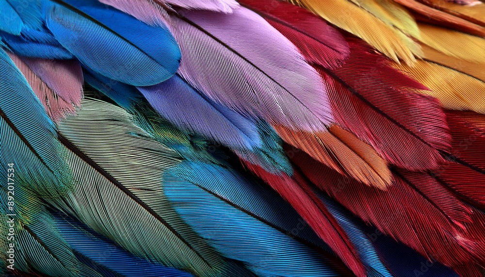 Fototapeta premium カラフルな鳥の羽の背景画像（Background image of colorful bird feathers.） 