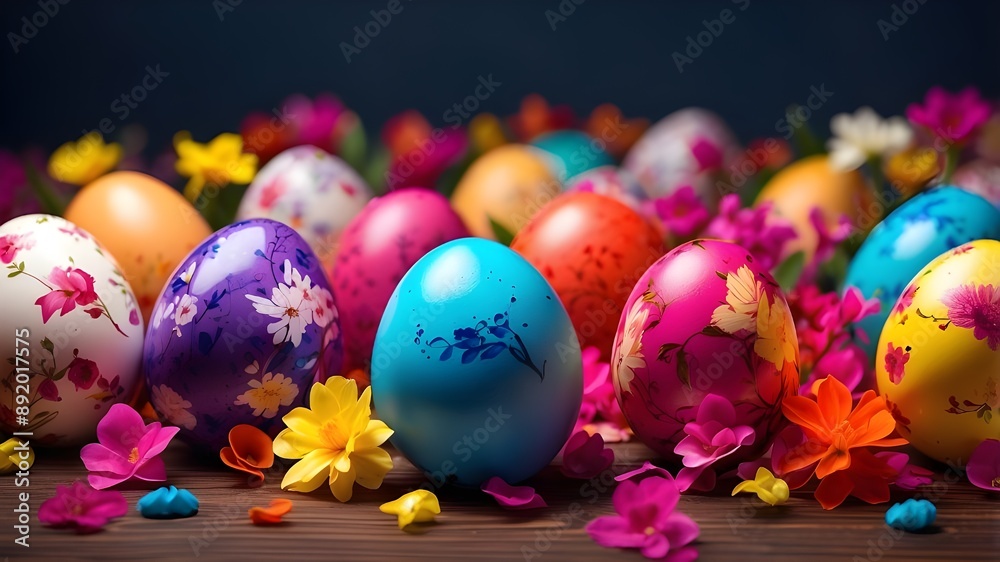 colorful easter eggs with flowers, generative ai colorful easter eggs with flowers, generative ai