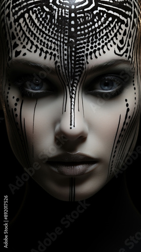 A Beautiful Tribal Girl Portrait With Tattoo On Face On Blurry Background