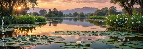 Serene Sunset Lake with Water Lilies.