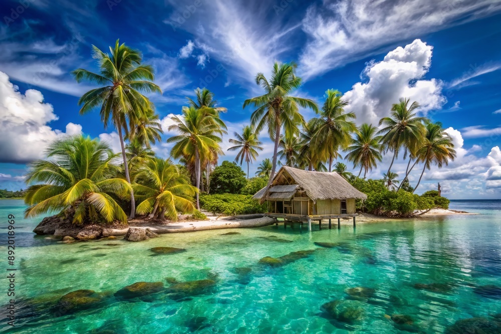Idyllic secluded tropical island paradise with rustic huts and swaying palm trees surrounded by crystal-clear turquoise waters and set against a vibrant blue sky with puffy white clouds. Idyllic secluded tropical island paradise with rustic huts and swaying palm trees surrounded by crystal-clear turquoise waters and set against a vibrant blue sky with puffy white clouds.