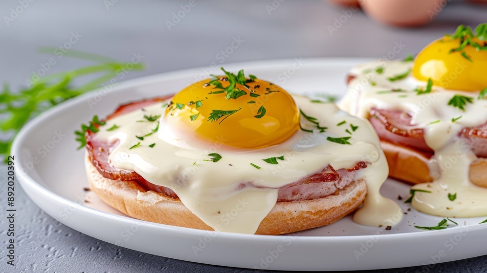 Closeup of delicious eggs benedict with creamy hollandaise sauce on an English muffin garnished with fresh herbs on a white plate. Closeup of delicious eggs benedict with creamy hollandaise sauce on an English muffin garnished with fresh herbs on a white plate.