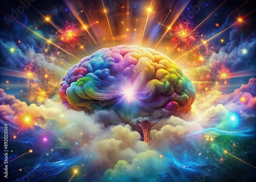 Vibrant, swirling clouds of thought emanate from a glowing, ethereal brain, surrounded by kaleidoscopic bursts of colorful emotions, dreams, and imagination. photo