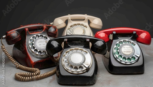 Group of vintage rotary dial telephones in various colors, symbolizing retro communication technology on a dark background.