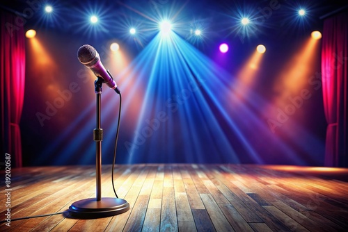 Empty stage spotlight shines bright on a solo microphone standing tall, awaiting a confident performer at a lively open mic night event. photo