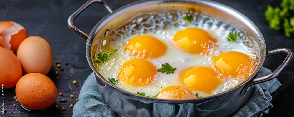 Frying pan with six sunny-side-up eggs garnished with parsley, next to brown whole eggs on a dark background. Frying pan with six sunny-side-up eggs garnished with parsley, next to brown whole eggs on a dark background.