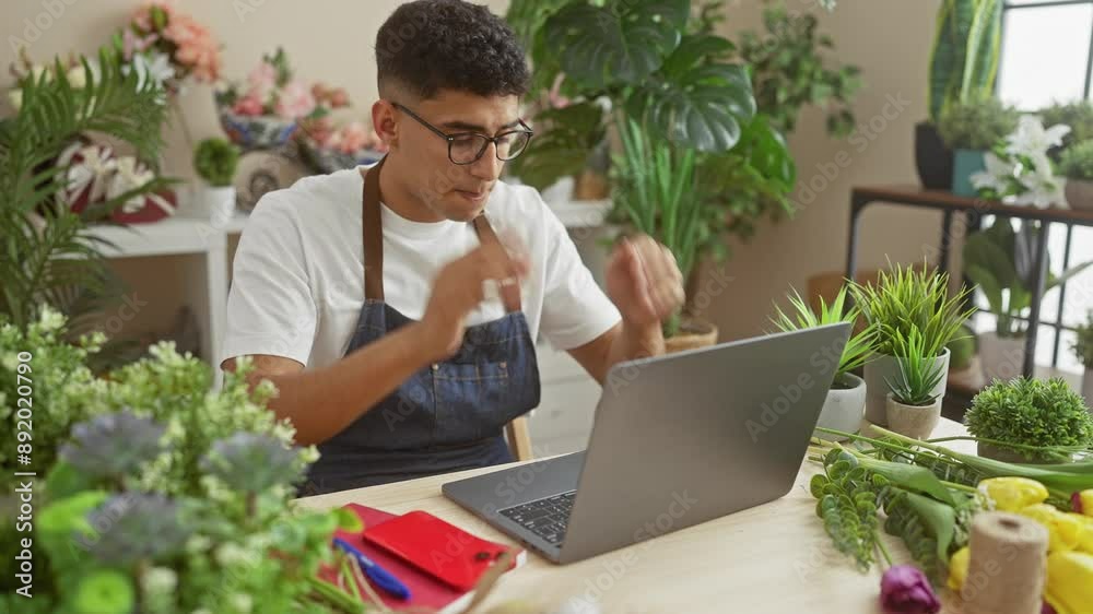 A young man adjusts his glasses while working on a laptop in a florist shop surrounded by plants. A young man adjusts his glasses while working on a laptop in a florist shop surrounded by plants.