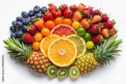 Vibrant fresh fruits such as strawberries, grapes, kiwi, pineapple, and orange slices are artfully arranged in a stunning rainbow pattern on a white background.