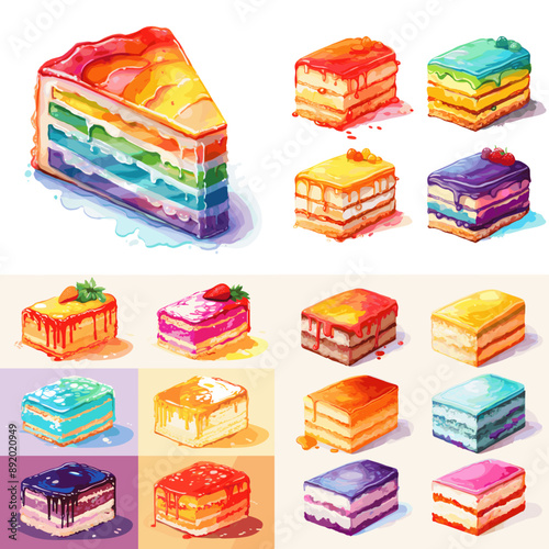 A series of colorful cakes with different flavors and toppings