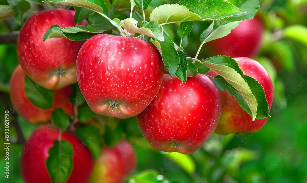 Obraz premium Close-up of Red Apples on a Tree Branch