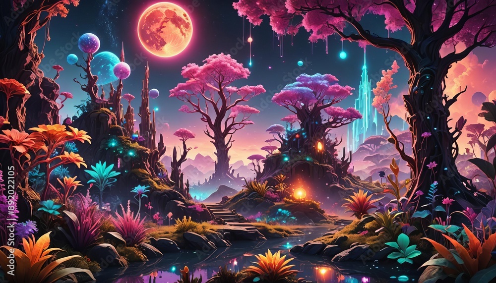 A brightly colored fantasy landscape at night with glowing flowers. A brightly colored fantasy landscape at night with glowing flowers.