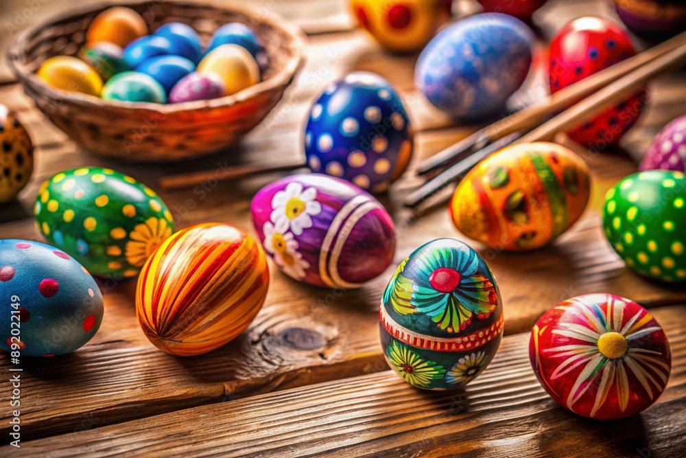 Vibrant Easter egg decorations on a rustic wooden table, surrounded by colorful paint, brushes, and dye, evoking a sense of joyful family creativity and tradition. Vibrant Easter egg decorations on a rustic wooden table, surrounded by colorful paint, brushes, and dye, evoking a sense of joyful family creativity and tradition.