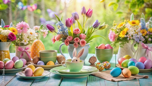 Vibrant Easter scene featuring a colorful table setting with paint, eggs, and bunny ears, surrounded by spring flowers and soft pastel colors, evoking joy and celebration.