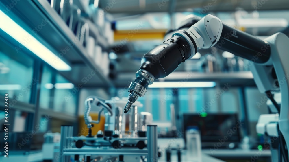 Robotic arm working in a modern laboratory, suitable for illustrating precision engineering, artificial intelligence research, and technological development.
Robotic arm working in a modern laboratory, suitable for illustrating precision engineering, artificial intelligence research, and technological development.