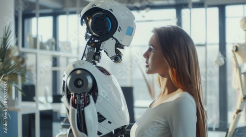 Human collaborating with a humanoid robot, ideal for depicting advanced AI research, innovation, and technology development